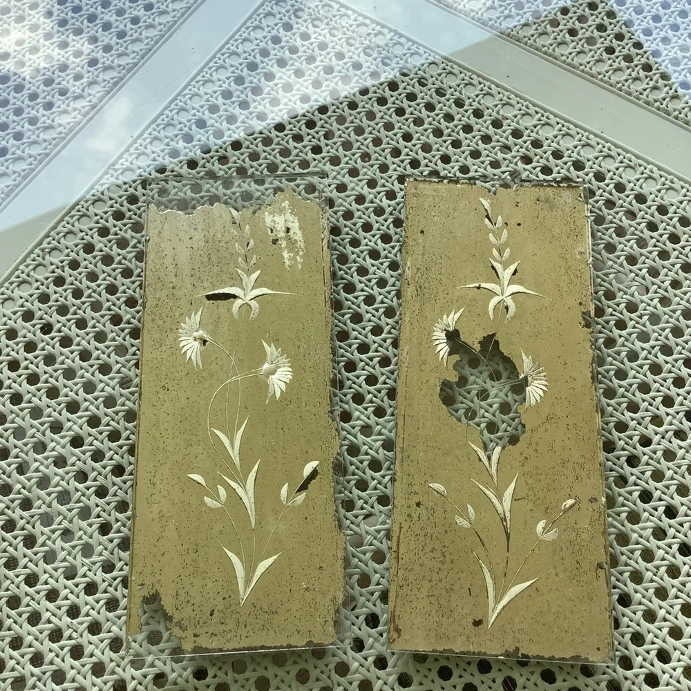 Antique Architectural Salvage Floral Decorative Etched Glass Mirror Side Lights